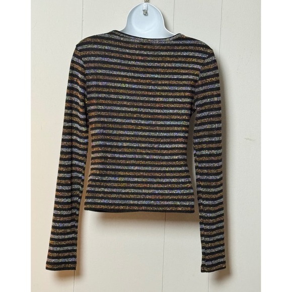 Urban Outfitters Women's Metallic Striped V-Neck Wrap Top Black Gold Silver Sz L - Picture 2 of 8